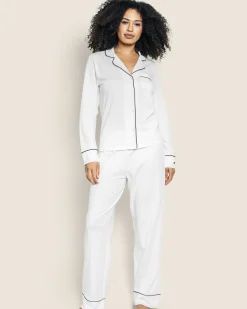 Women Petite Plume Women's Pima Pajama Set in White with Black Piping