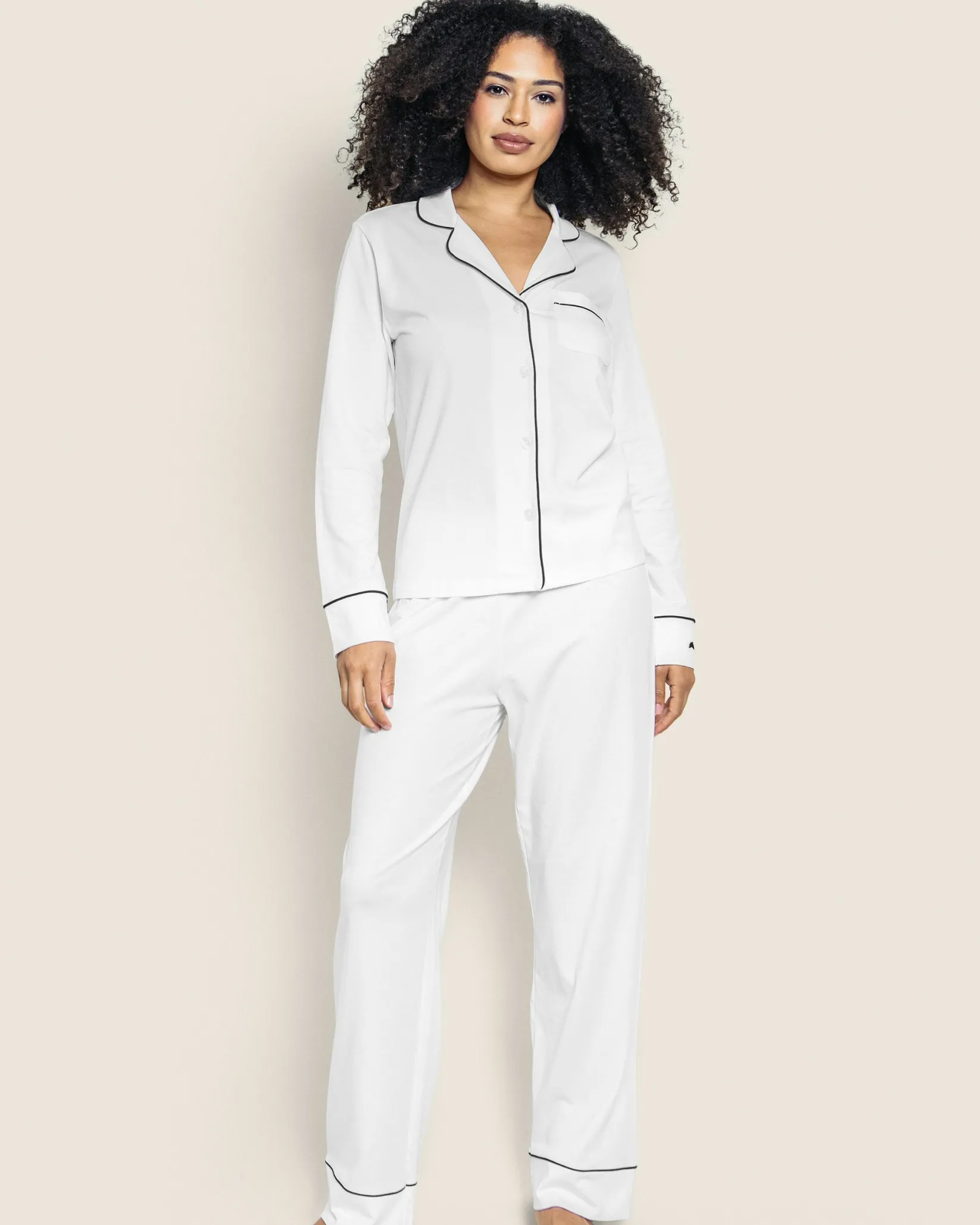 Women Petite Plume Women's Pima Pajama Set in White with Black Piping