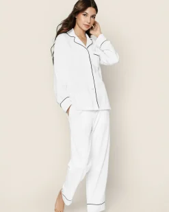 Women Petite Plume Women's Pima Pajama Set in White with Black Piping
