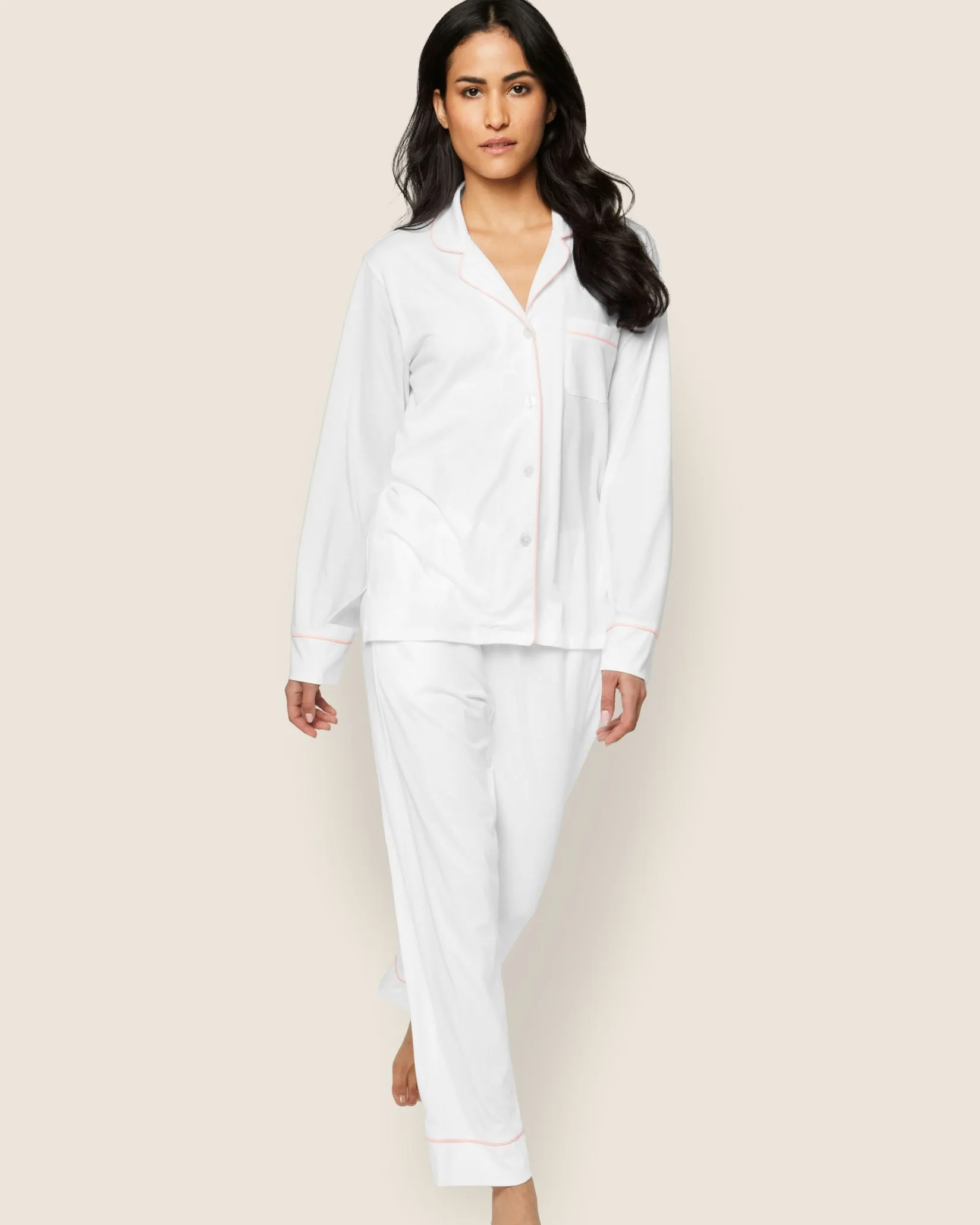 Women Petite Plume Women's Pima Pajama Set in White with Black Piping