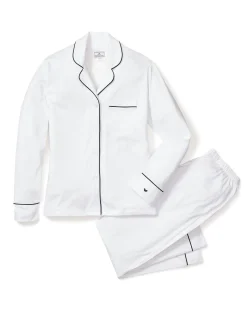 Women Petite Plume Women's Pima Pajama Set in White with Navy Piping