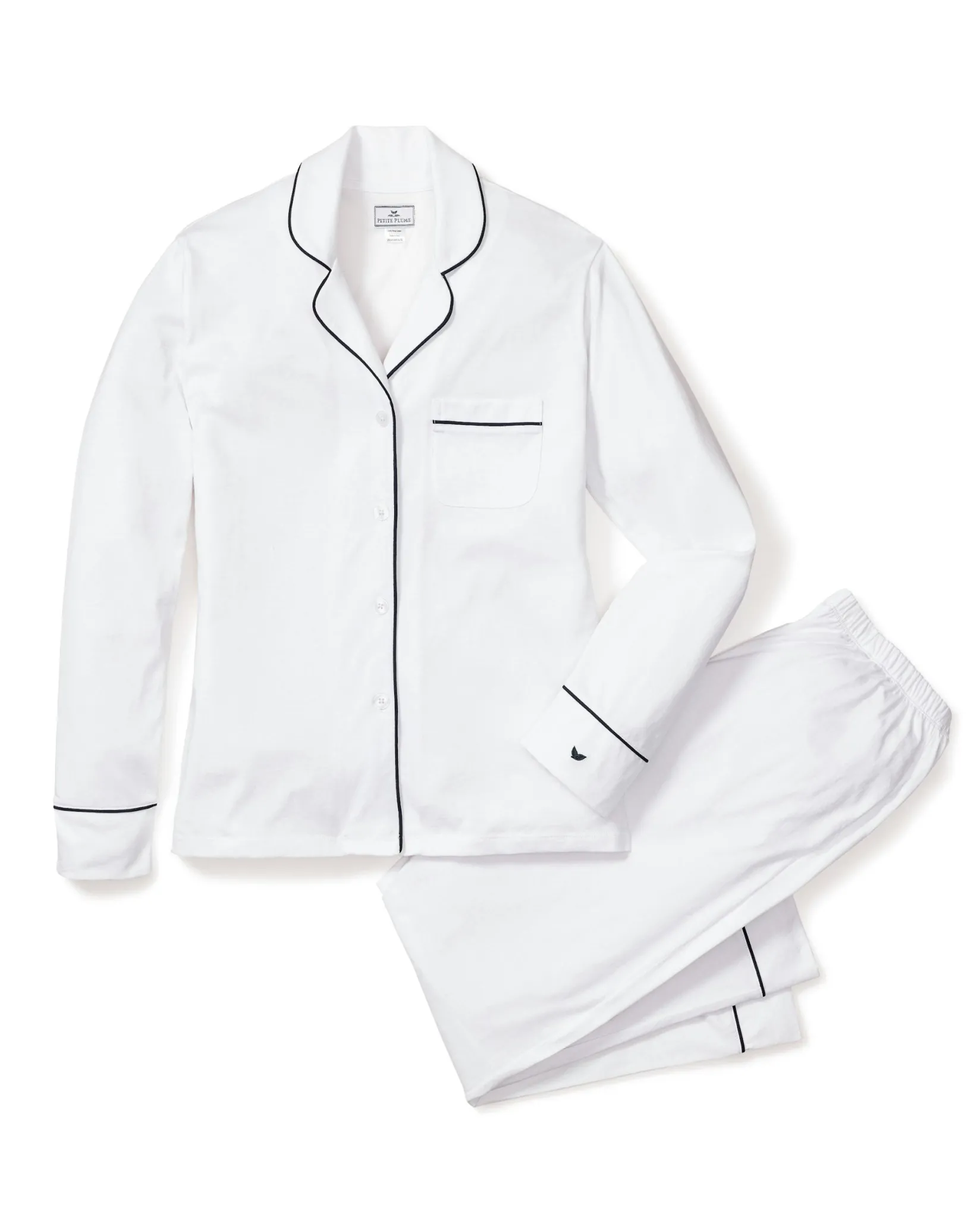 Women Petite Plume Women's Pima Pajama Set in White with Navy Piping