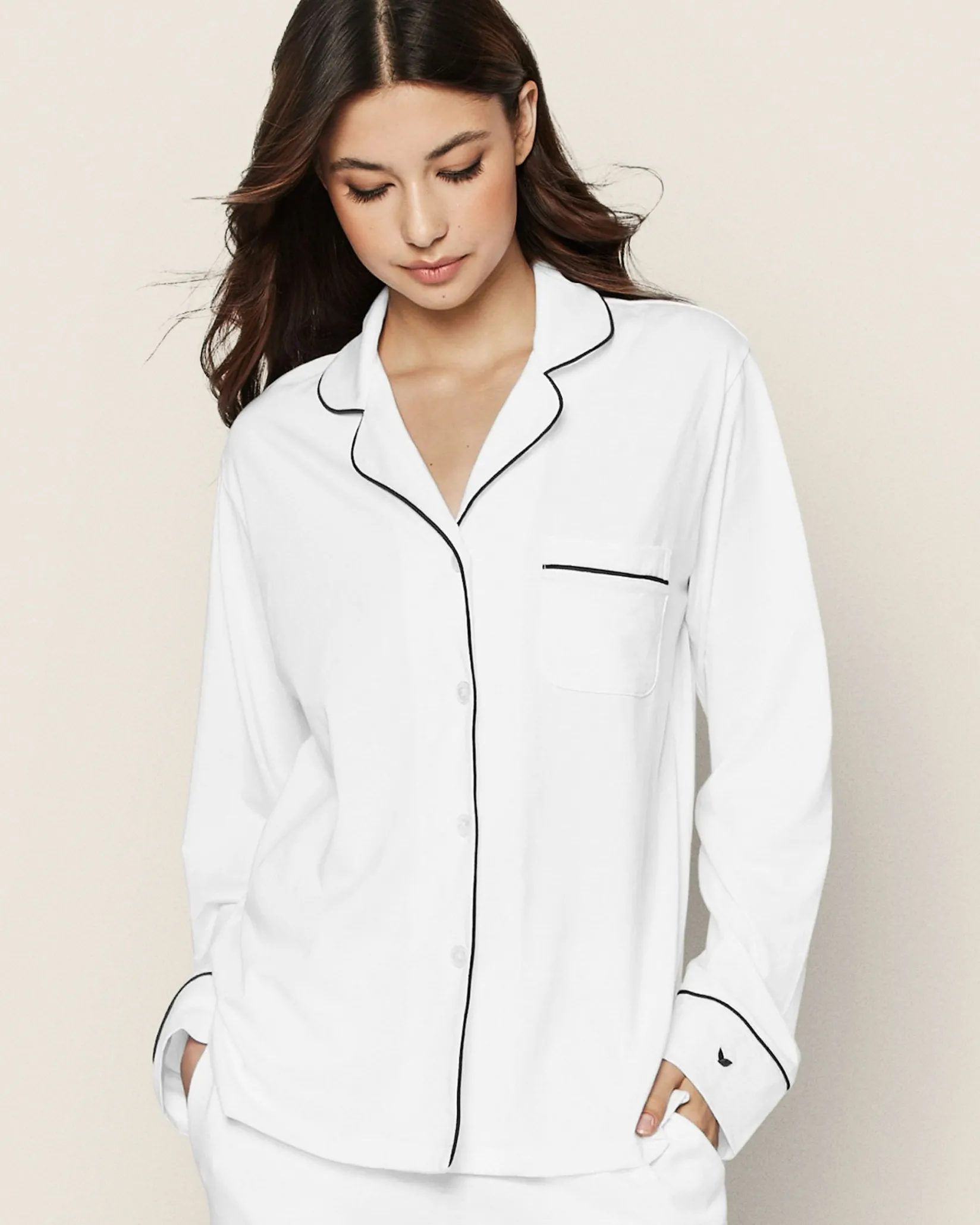 Women Petite Plume Women's Pima Pajama Set in White with Navy Piping