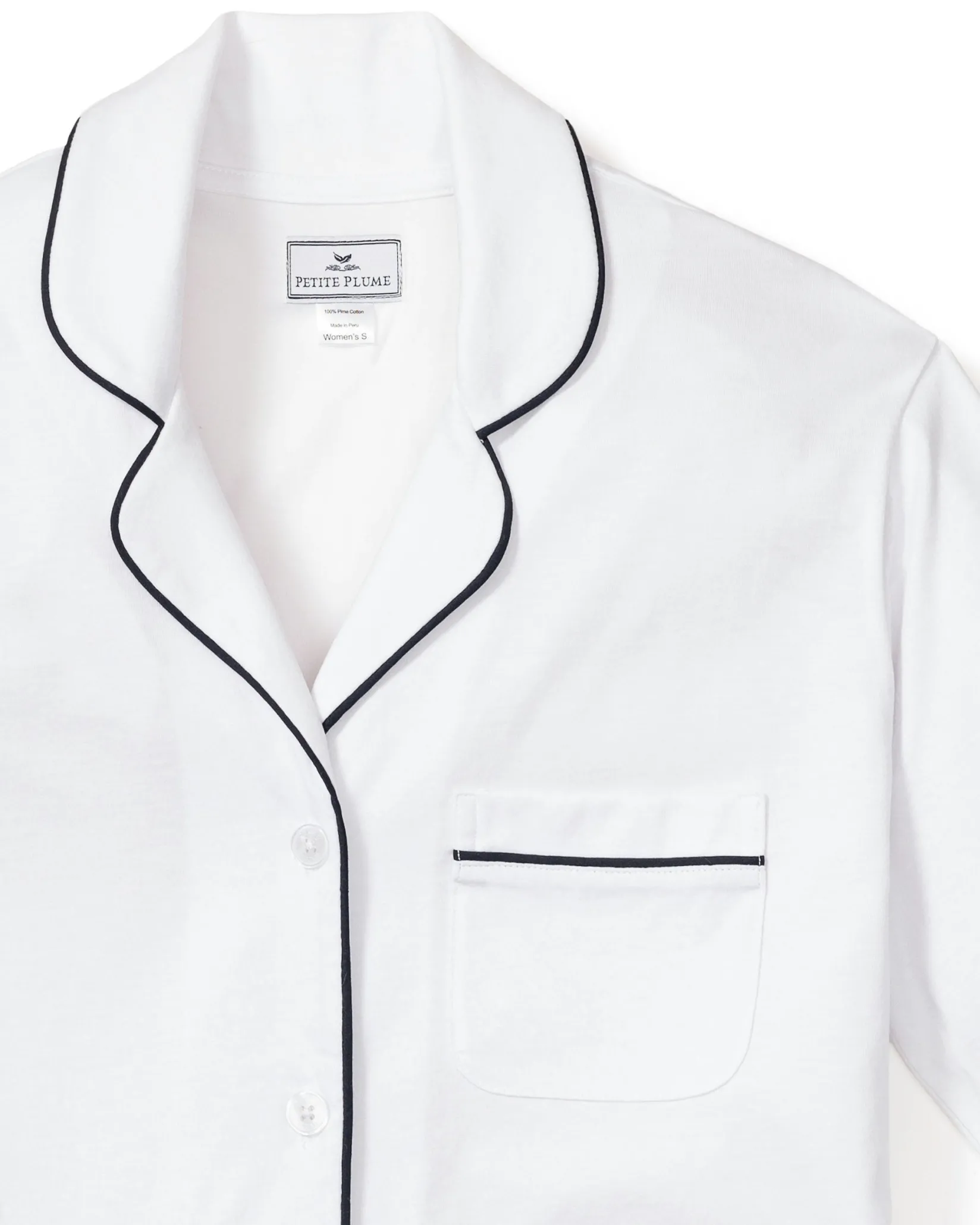 Women Petite Plume Women's Pima Pajama Set in White with Navy Piping