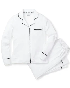 Women Petite Plume Women's Pima Pajama Set in White with Navy Piping