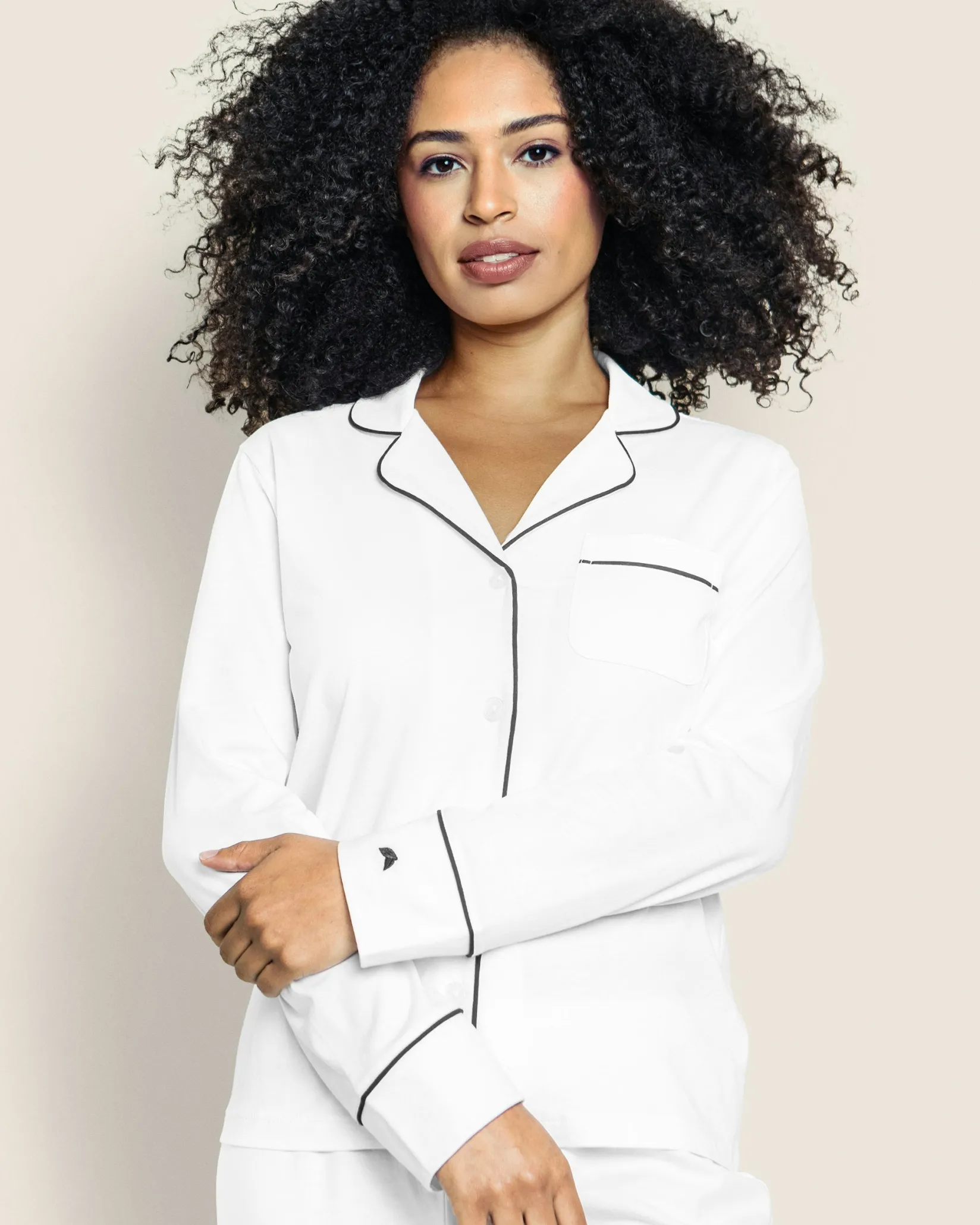 Women Petite Plume Women's Pima Pajama Set in White with Navy Piping