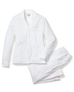 Women Petite Plume Women's Pima Pajama Set in White with Pink Piping