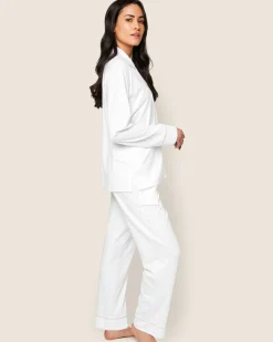 Women Petite Plume Women's Pima Pajama Set in White with Pink Piping