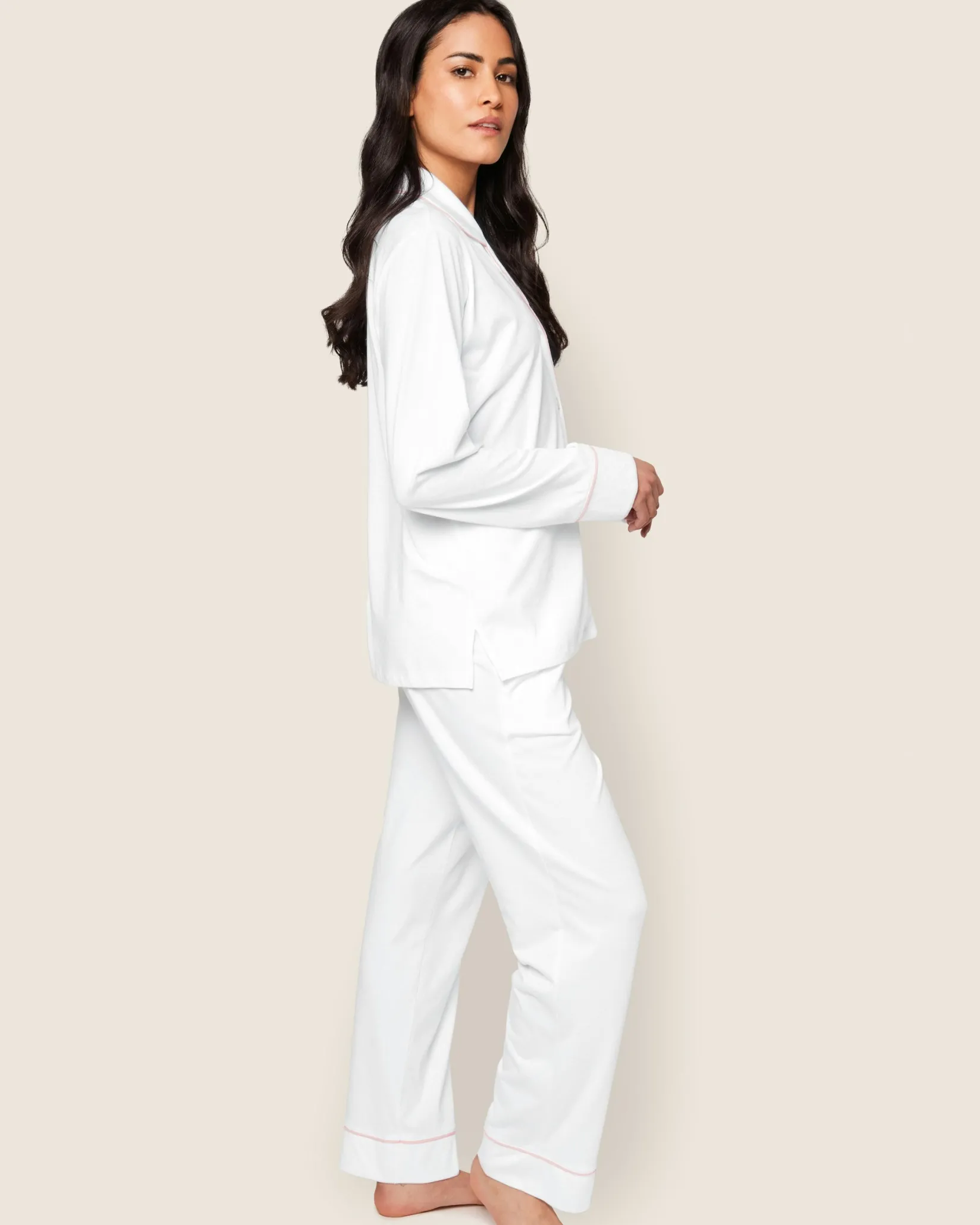 Women Petite Plume Women's Pima Pajama Set in White with Pink Piping