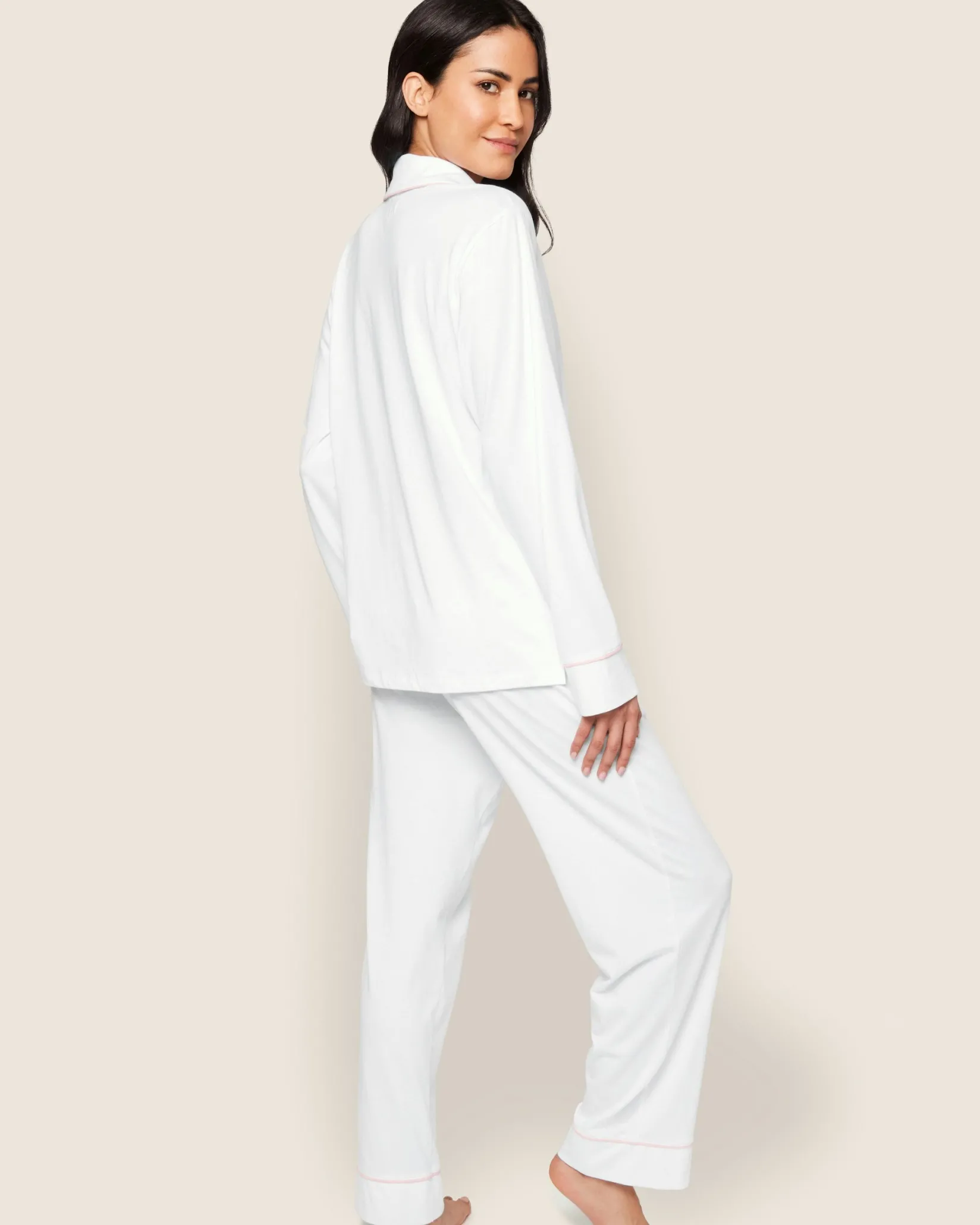 Women Petite Plume Women's Pima Pajama Set in White with Pink Piping