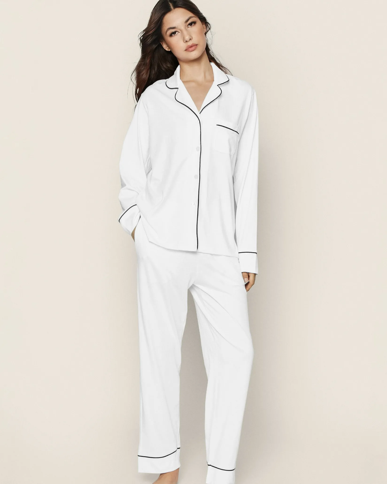 Women Petite Plume Women's Pima Pajama Set in White with Pink Piping