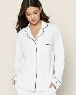 Women Petite Plume Women's Pima Pajama Set in White with Pink Piping