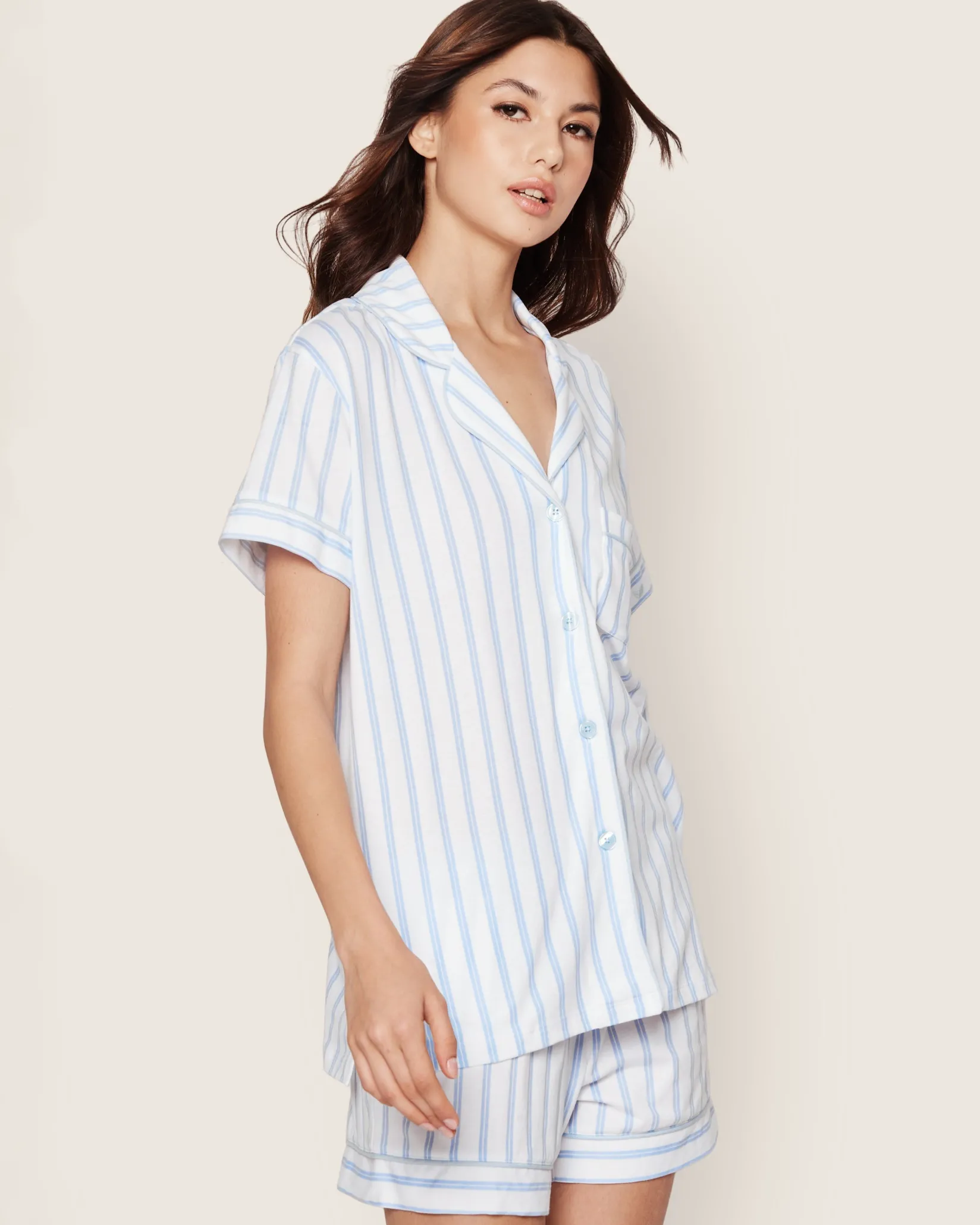 Women Petite Plume Women's Pima Pajama Short Set in Periwinkle and White Stripe