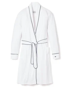 Women Petite Plume Women's Pima Robe in White with Navy Piping