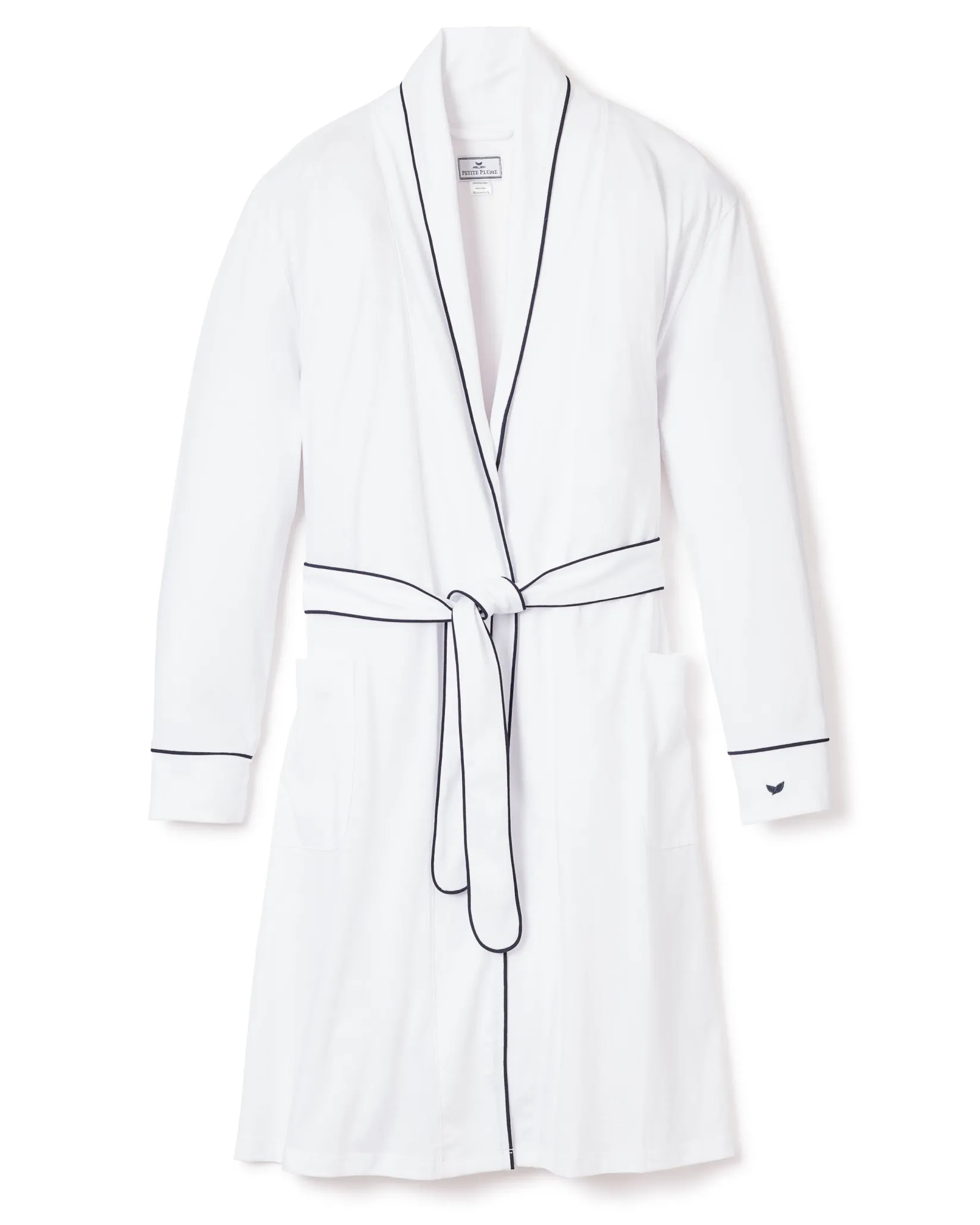 Women Petite Plume Women's Pima Robe in White with Navy Piping