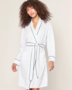 Women Petite Plume Women's Pima Robe in White with Navy Piping