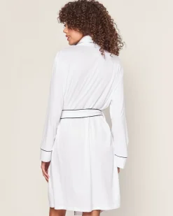 Women Petite Plume Women's Pima Robe in White with Navy Piping