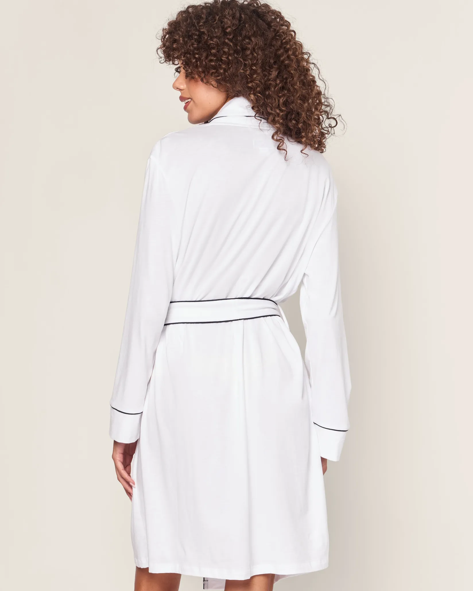 Women Petite Plume Women's Pima Robe in White with Navy Piping