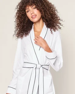 Women Petite Plume Women's Pima Robe in White with Navy Piping