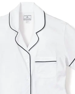 Women Petite Plume Women's Pima Short Sleeve Short Set in White with Navy Piping