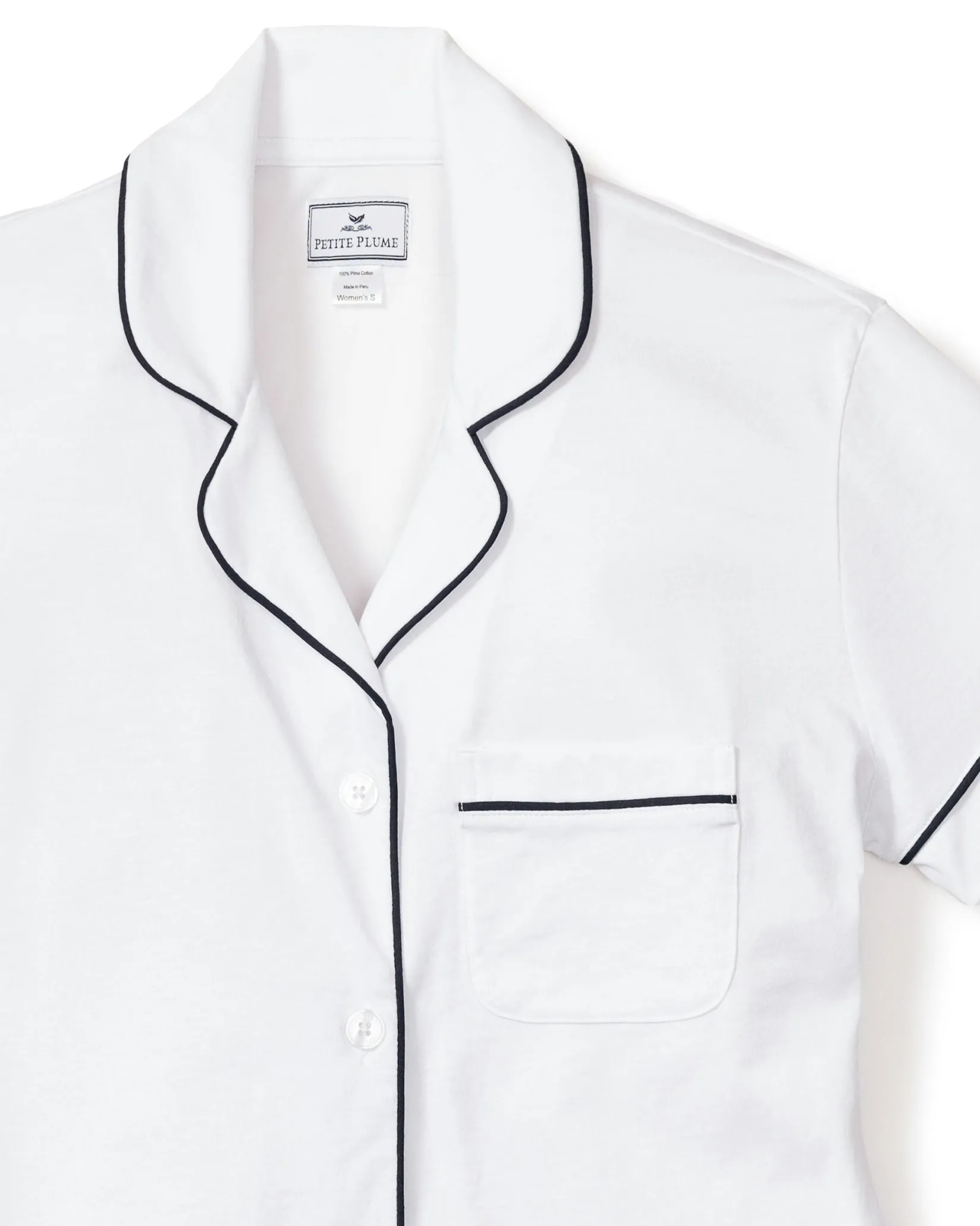 Women Petite Plume Women's Pima Short Sleeve Short Set in White with Navy Piping