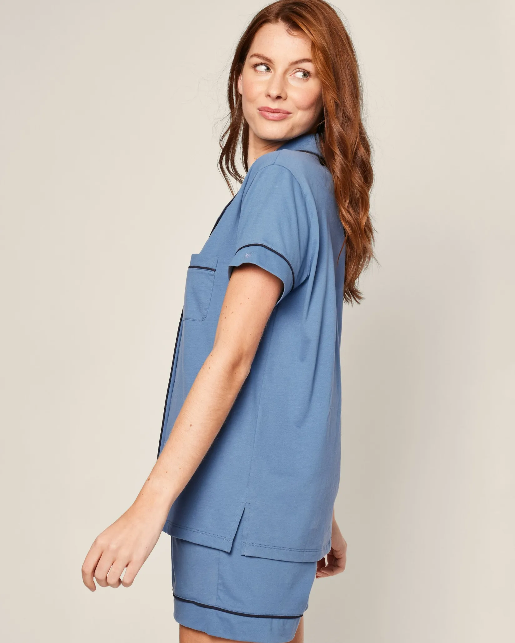 Women Petite Plume Women's Pima Short Sleeve Short Set in White with Navy Piping