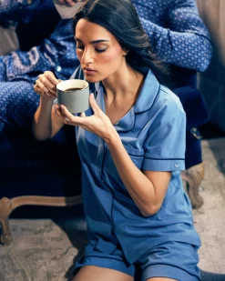 Women Petite Plume Women's Pima Short Sleeve Short Set in Mystique Blue