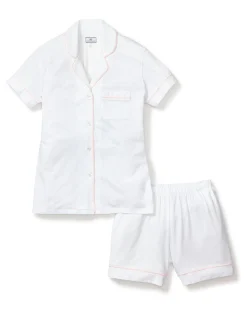 Women Petite Plume Women's Pima Short Sleeve Short Set in White with Pink Piping