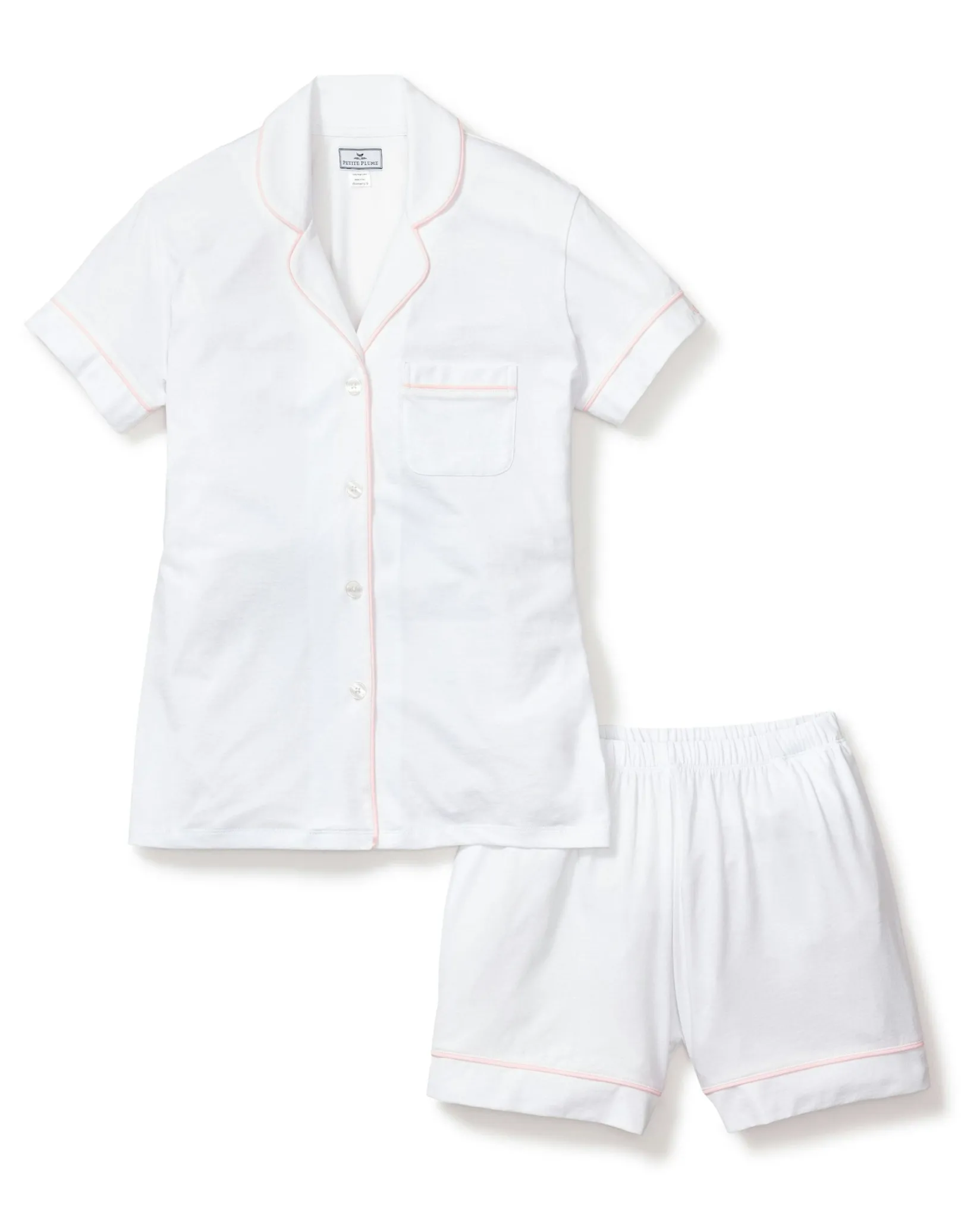 Women Petite Plume Women's Pima Short Sleeve Short Set in White with Pink Piping