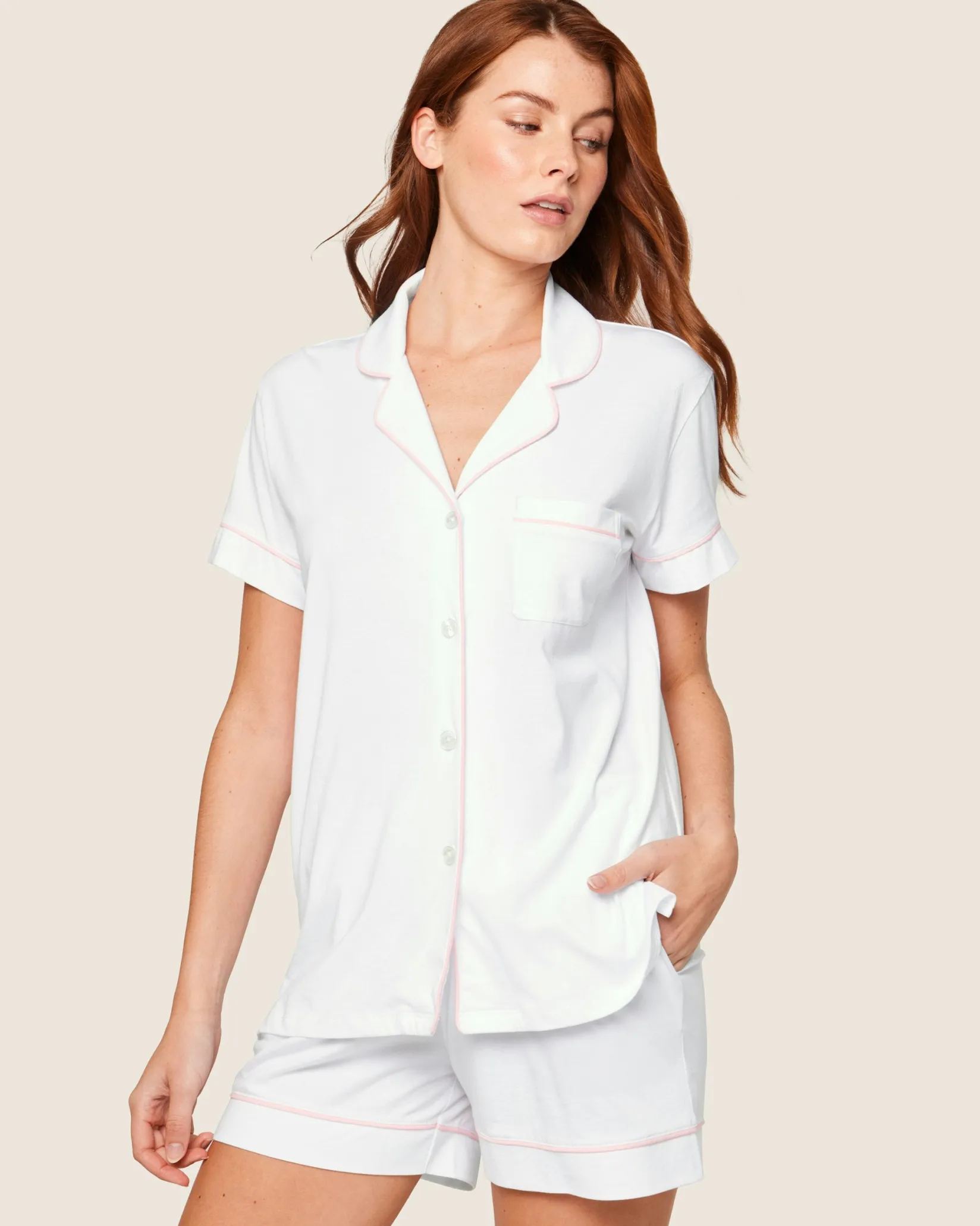 Women Petite Plume Women's Pima Short Sleeve Short Set in White with Pink Piping