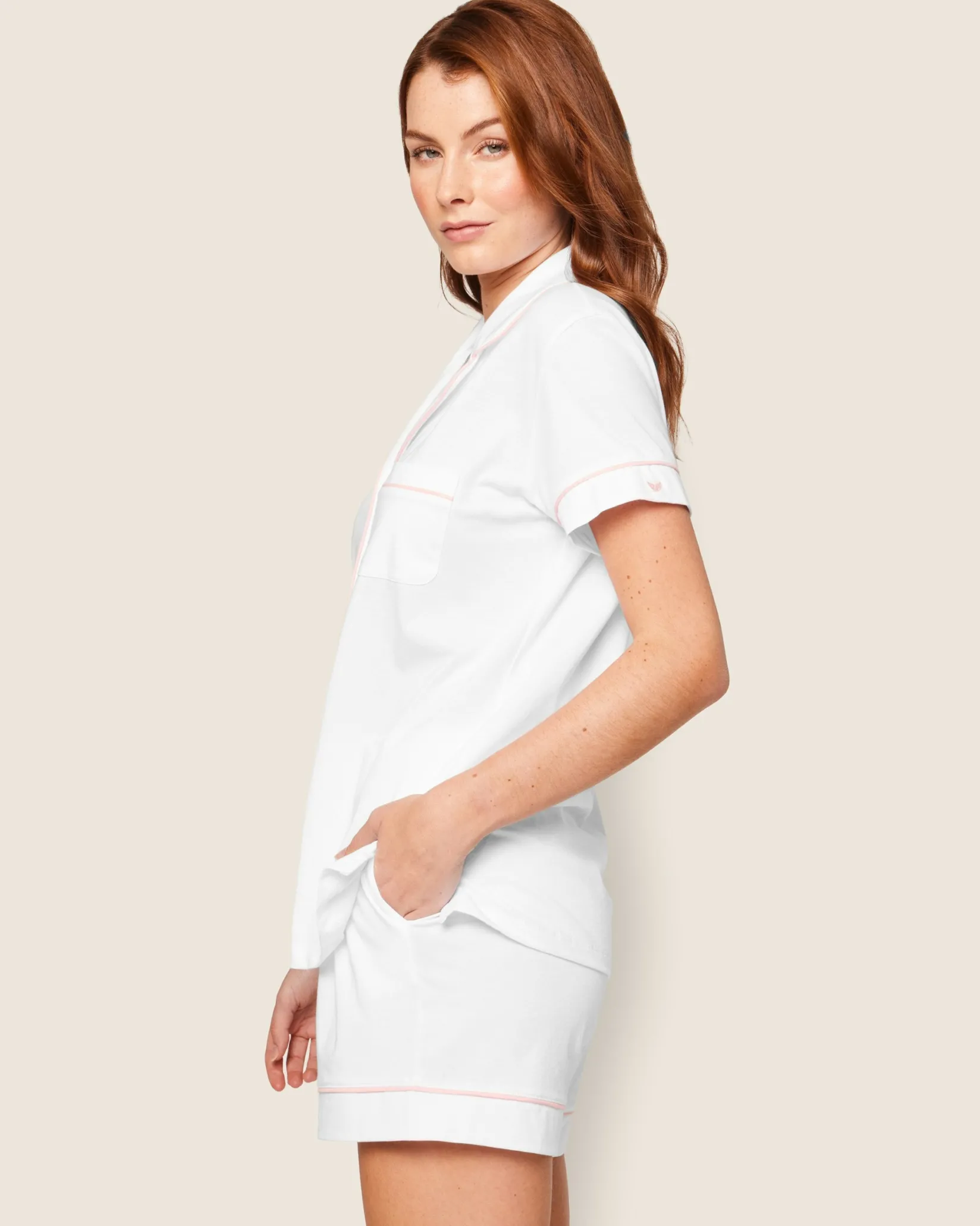 Women Petite Plume Women's Pima Short Sleeve Short Set in White with Pink Piping