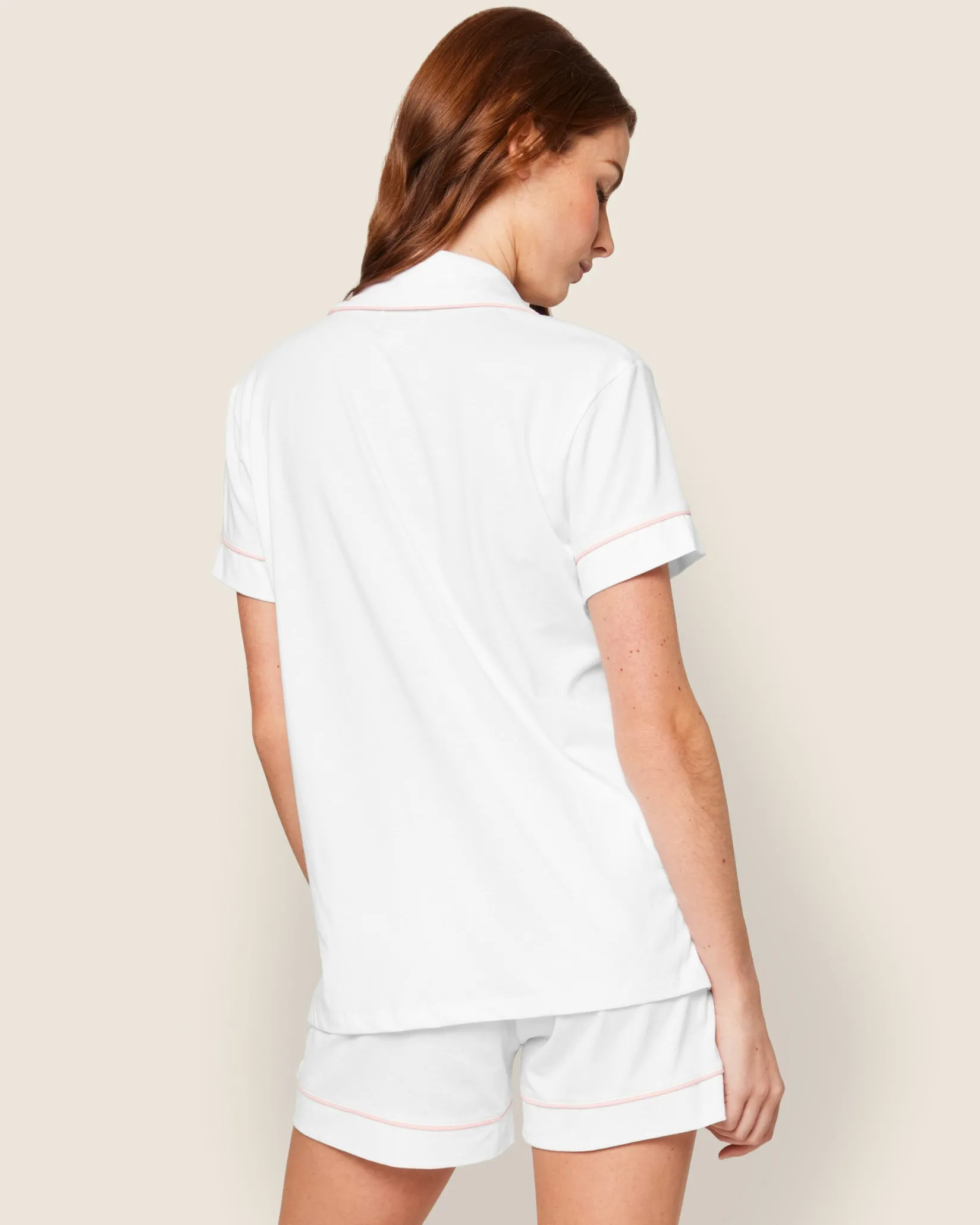 Women Petite Plume Women's Pima Short Sleeve Short Set in White with Pink Piping