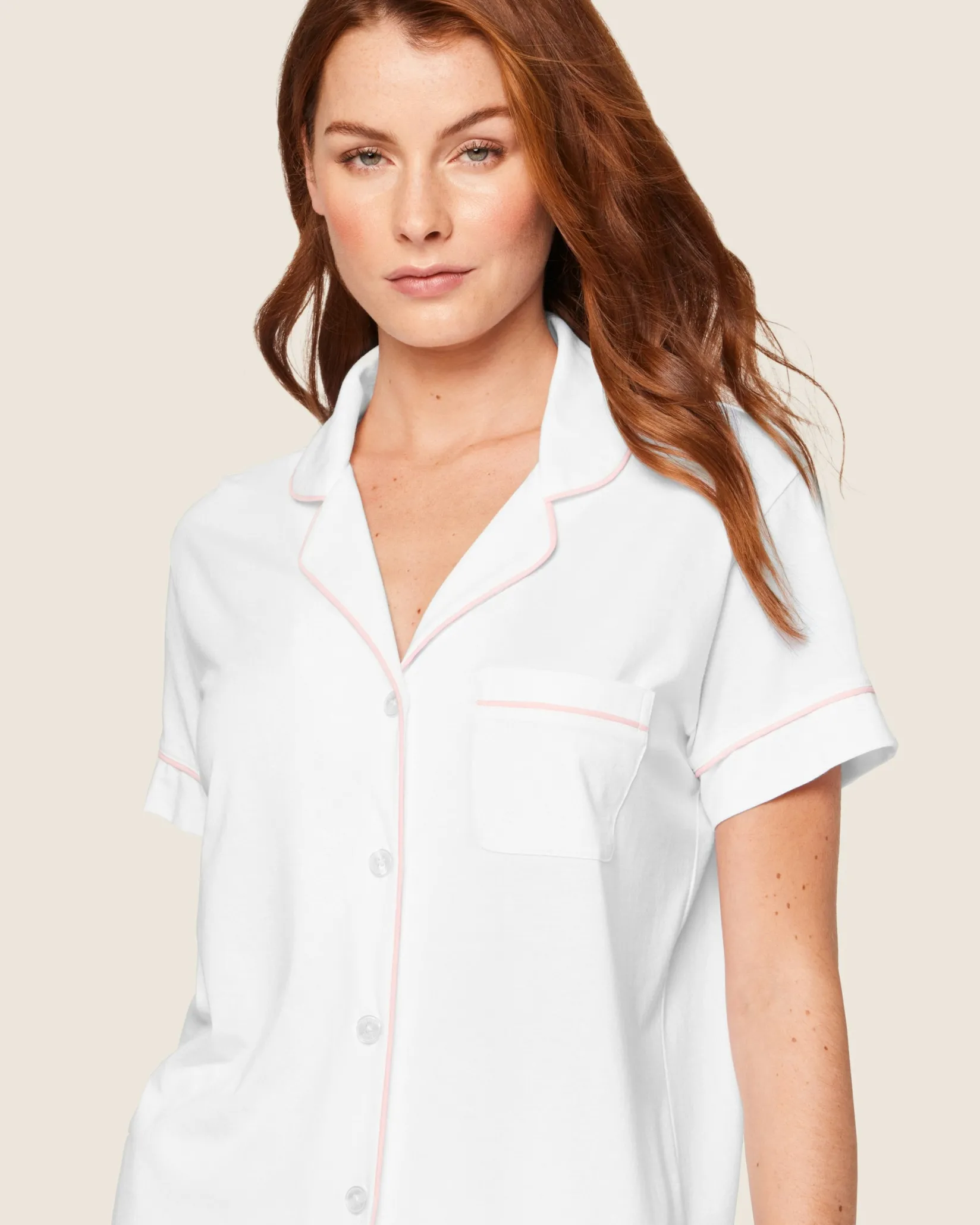 Women Petite Plume Women's Pima Short Sleeve Short Set in White with Pink Piping