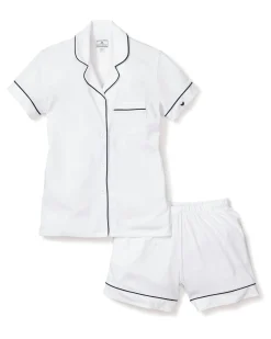 Women Petite Plume Women's Pima Short Sleeve Short Set in White with Pink Piping