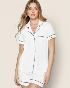 Women Petite Plume Women's Pima Short Sleeve Short Set in White with Pink Piping