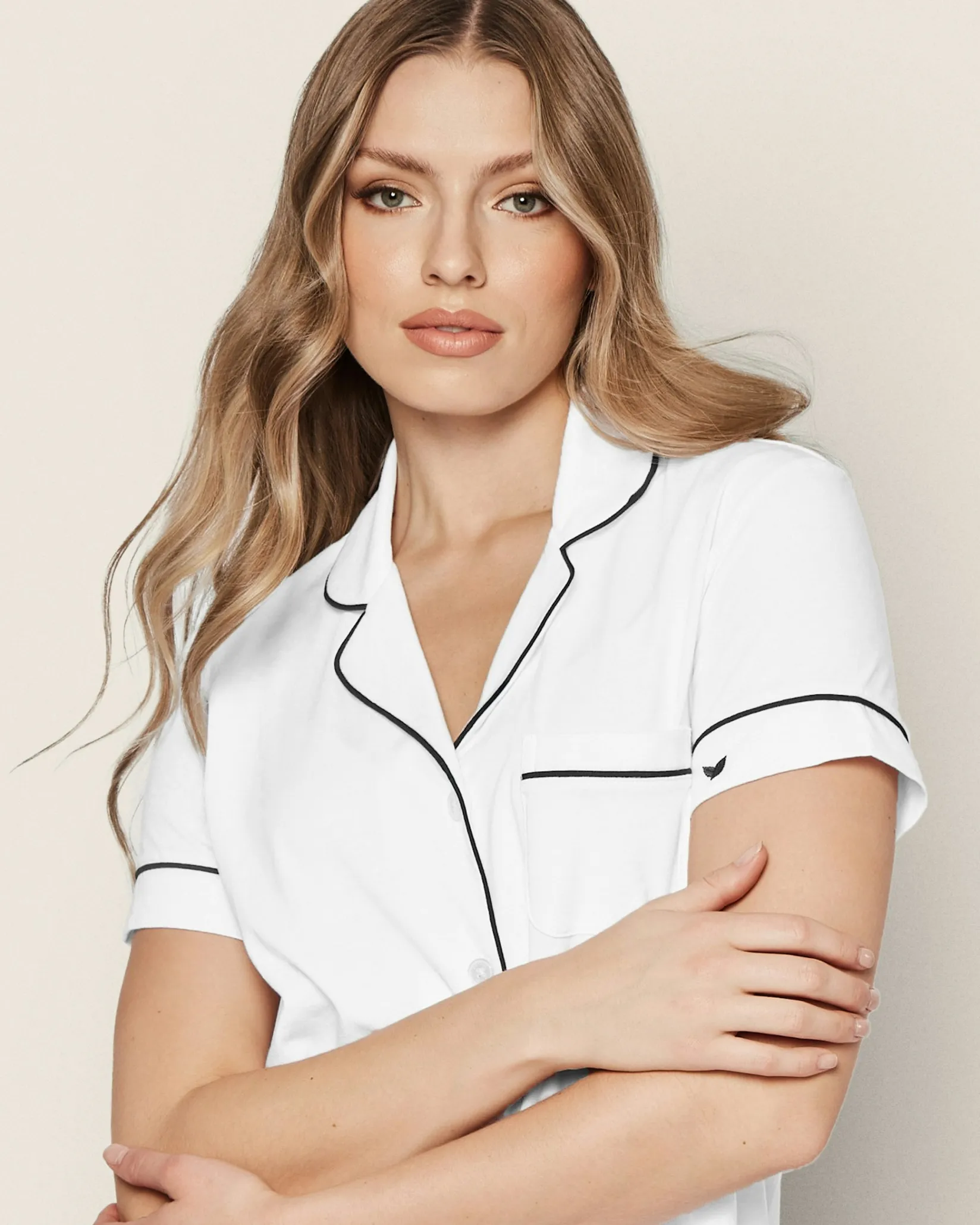 Women Petite Plume Women's Pima Short Sleeve Short Set in White with Pink Piping