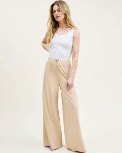 Women Petite Plume Women's Pima Wide-Leg Lounge Pant in Camel