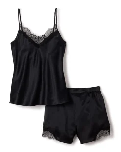 Women Petite Plume Women's Silk Lace Cami Short Set in Black