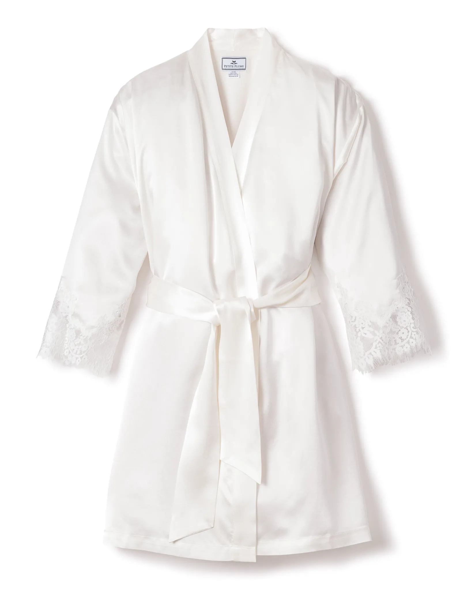 Women Petite Plume Women's Silk Lace Robe in White
