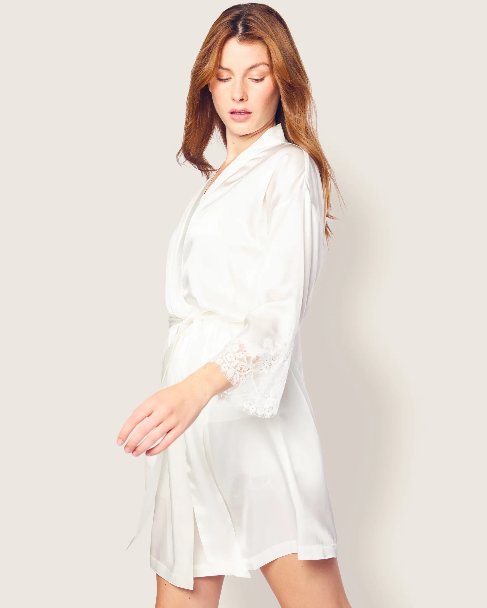 Women Petite Plume Women's Silk Lace Robe in White