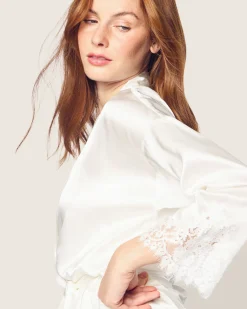 Women Petite Plume Women's Silk Lace Robe in White