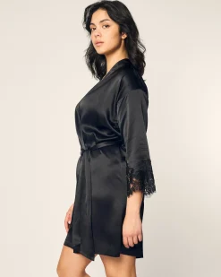 Women Petite Plume Women's Silk Lace Robe in Black