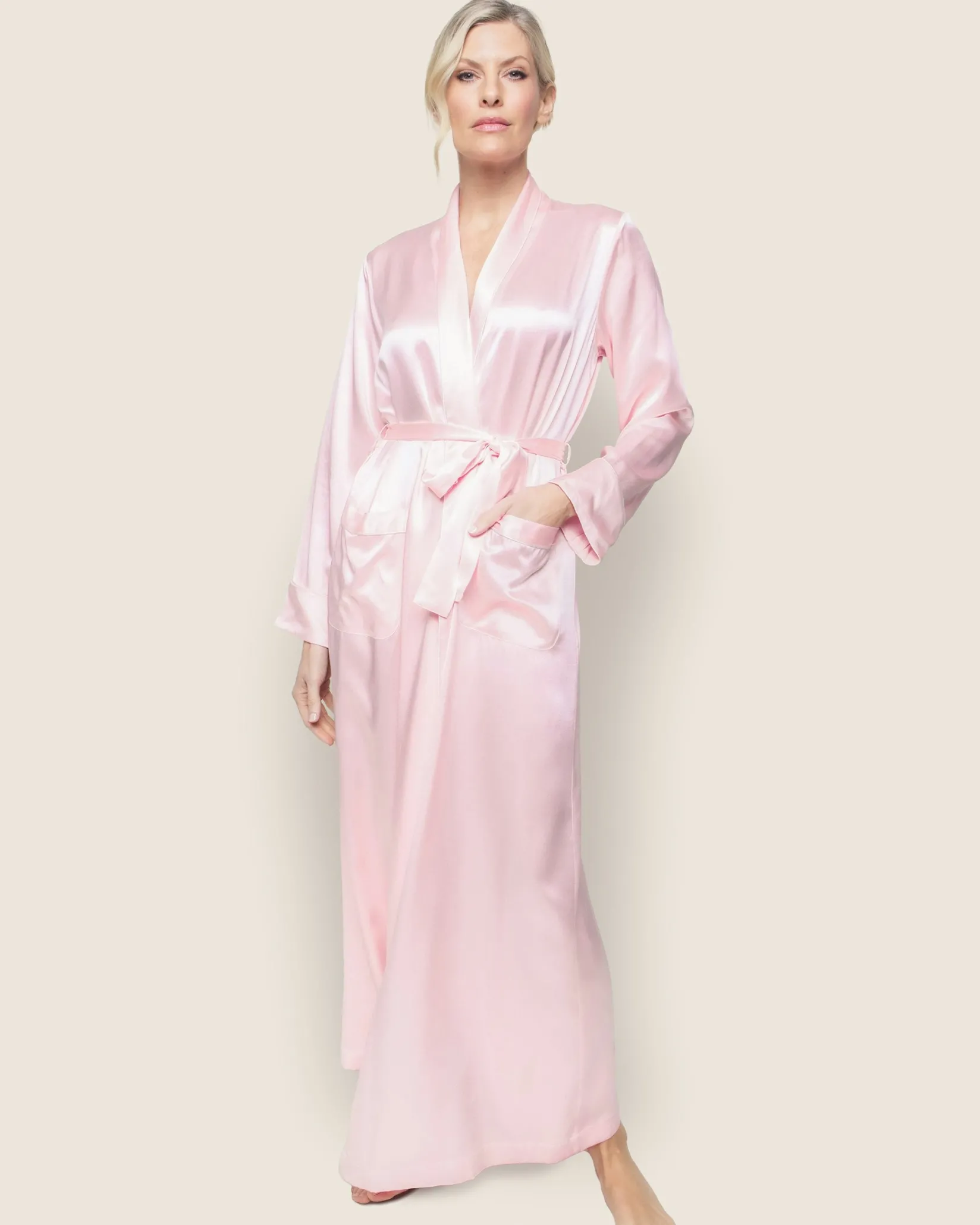 Women Petite Plume Women's Silk Long Robe in White