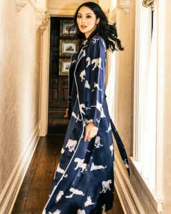 Women Petite Plume Women's Silk Long Robe in Panthère de Nuit