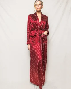 Women Petite Plume Women's Silk Long Robe in Bordeaux Polka Dot