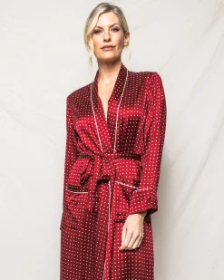 Women Petite Plume Women's Silk Long Robe in Bordeaux Polka Dot