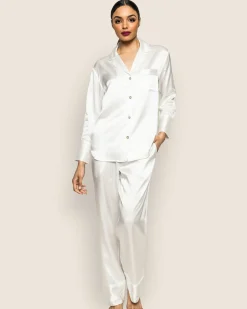 Women Petite Plume Women's Silk Pajama Set in White