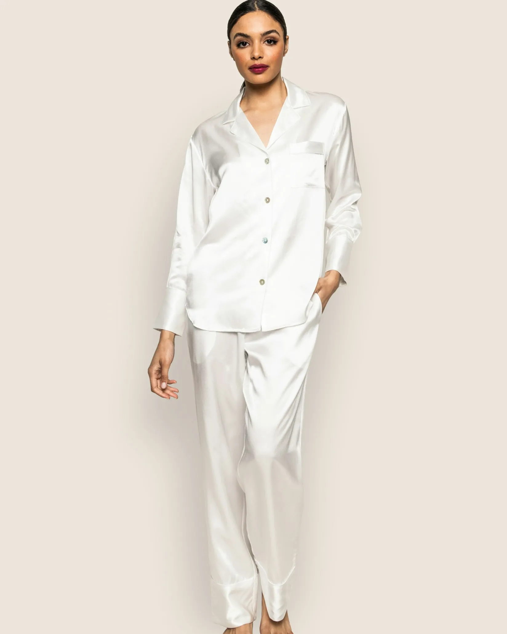 Women Petite Plume Women's Silk Pajama Set in White