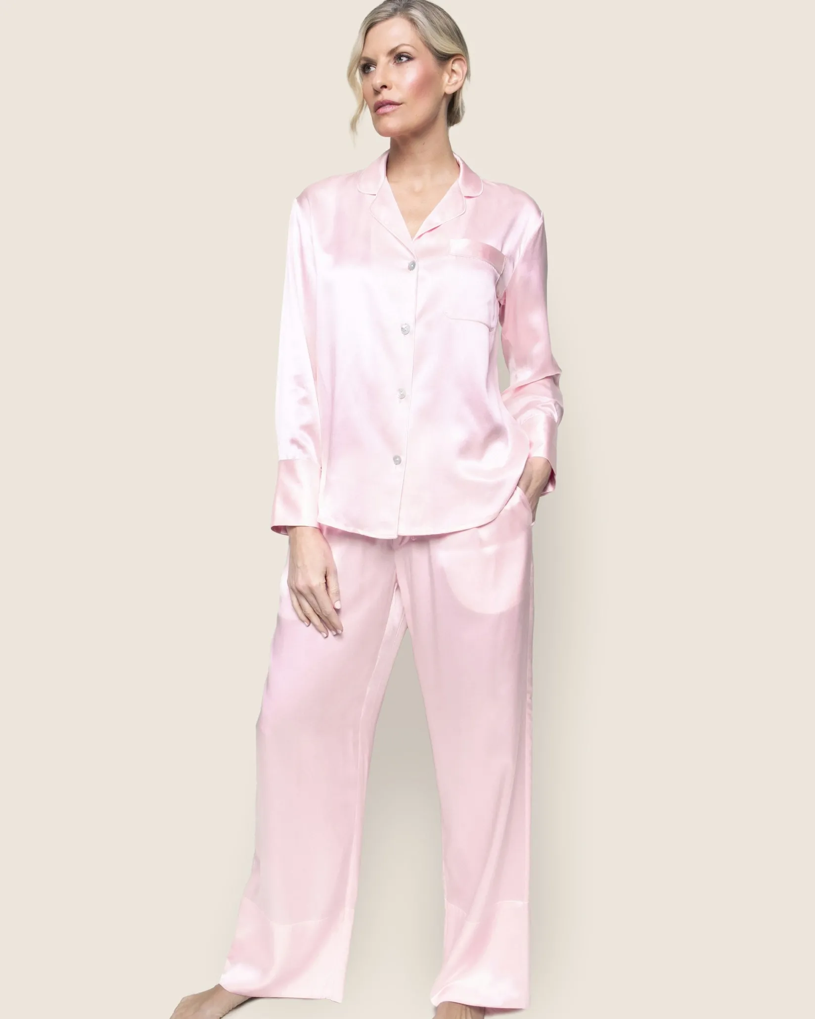 Women Petite Plume Women's Silk Pajama Set in White