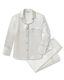 Women Petite Plume Women's Silk Pajama Set in White with Periwinkle Piping
